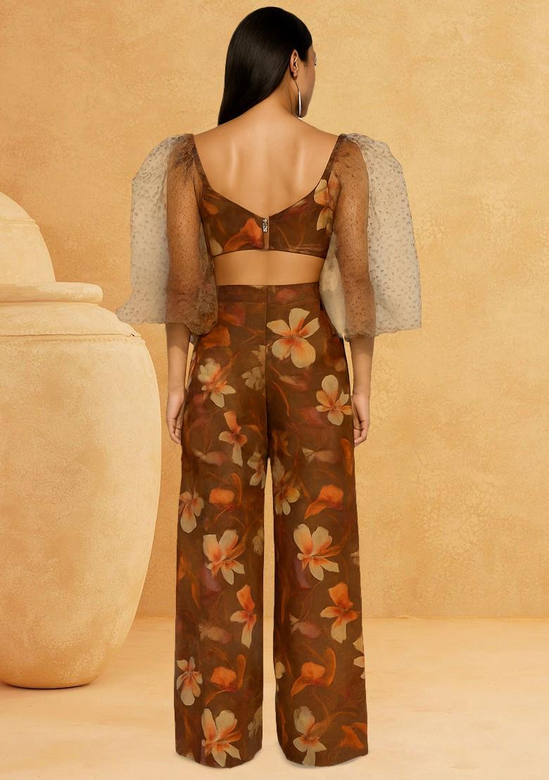 Brown Cotton Linen Floral Printed Co-Ord Set - Indya