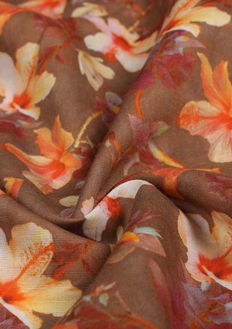 Brown Cotton Linen Floral Printed Co-Ord Set - Indya