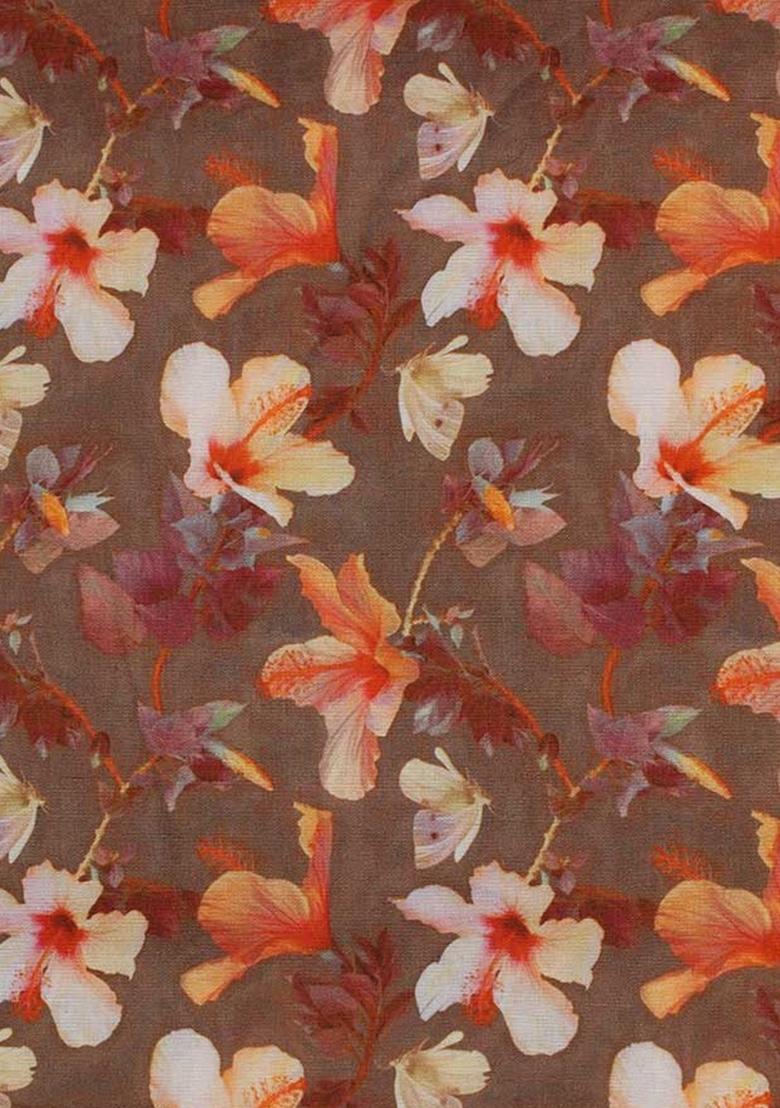 Brown Cotton Linen Floral Printed Co-Ord Set - Indya