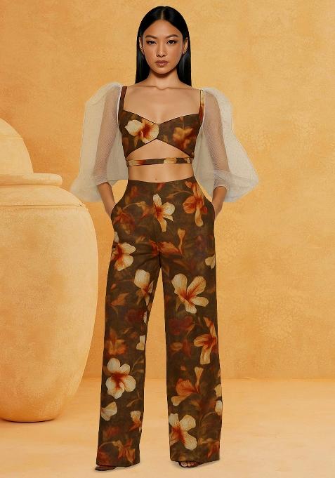 Brown Cotton Linen Floral Printed Co-Ord Set