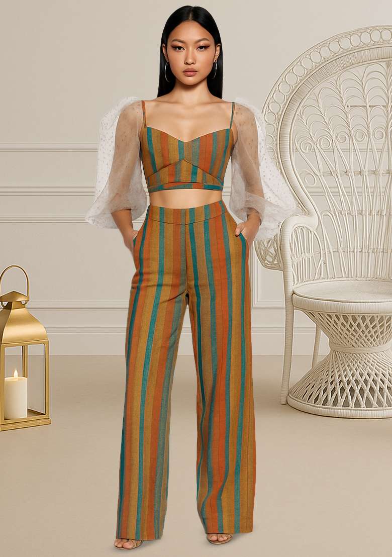 Multicolor Linen Striped Co-Ord Set - Indya