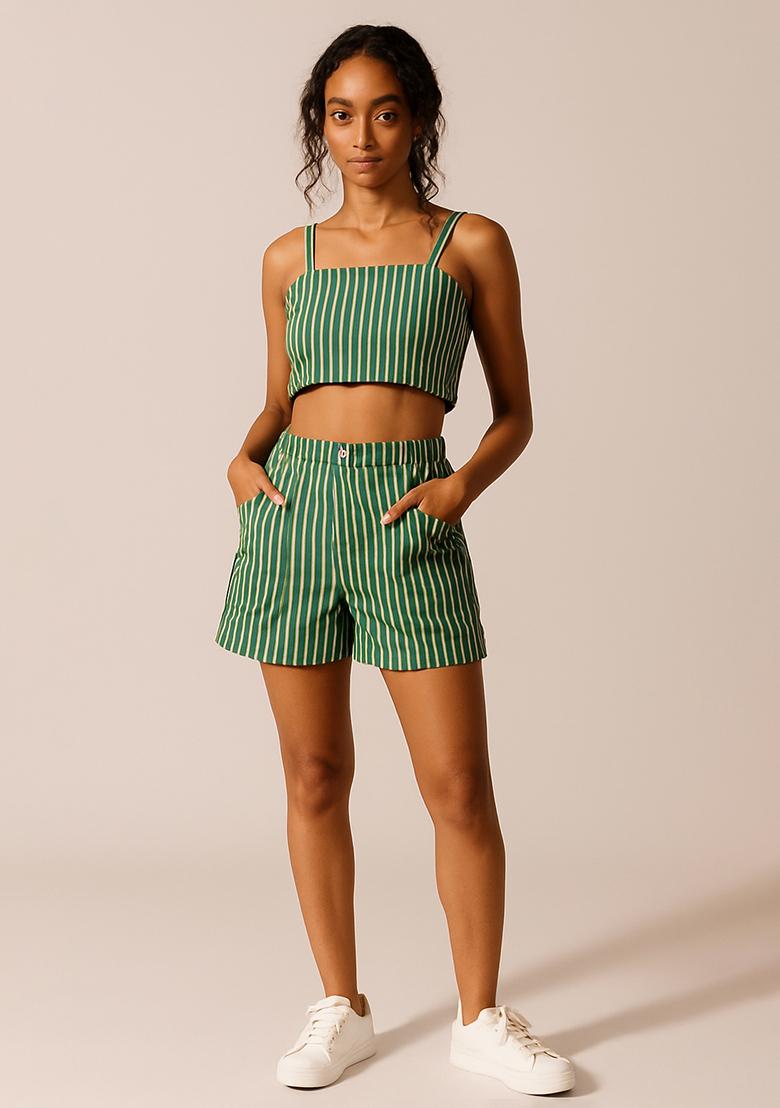 Green Poplin Striped Co-Ord Set - Indya