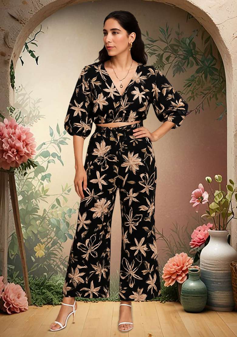 Black Poplin Floral Printed Co-Ord Set - Indya