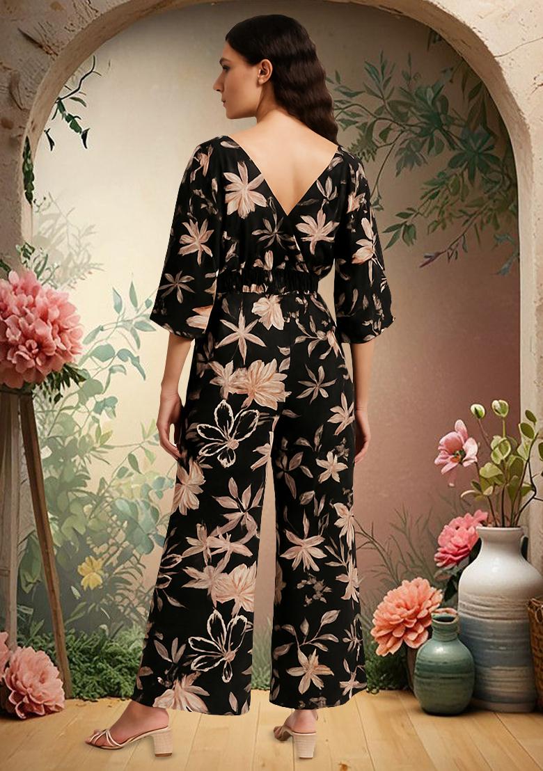 Black Poplin Floral Printed Co-Ord Set - Indya