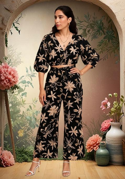 Black Poplin Floral Printed Co-Ord Set