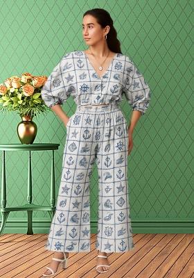 White Poplin Figure Printed Co-Ord Set
