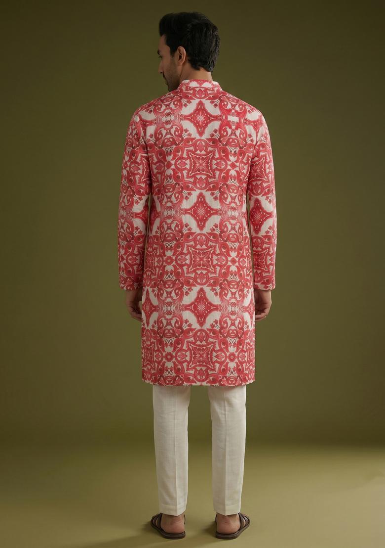 Pink Printed Linen Kurta Set - Indya