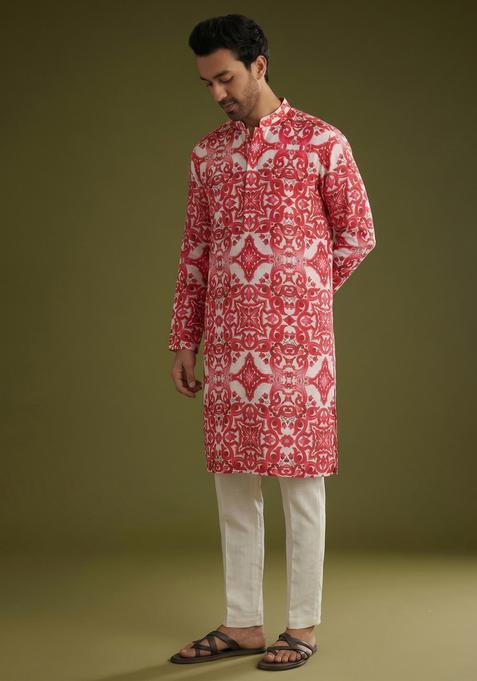 Pink Printed Linen Kurta Set
