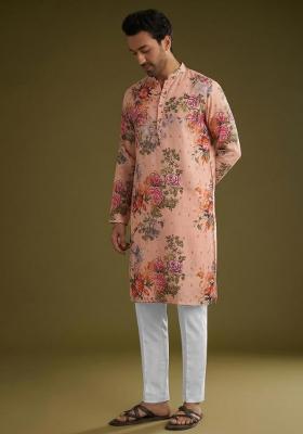 Peach Printed Linen Kurta Set
