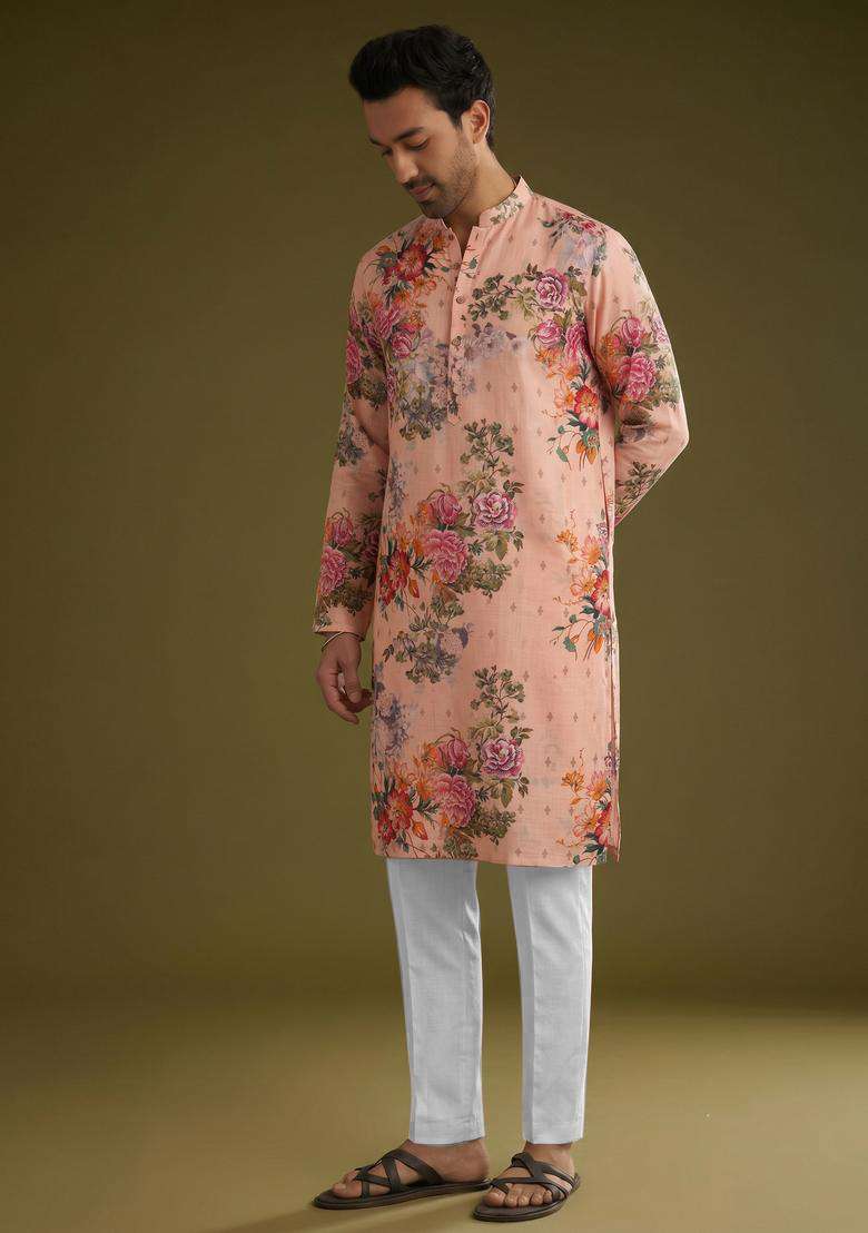 Peach Printed Linen Kurta Set - Indya