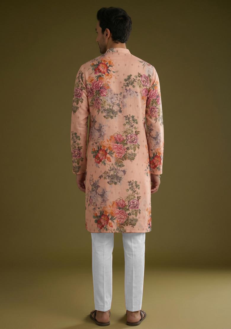 Peach Printed Linen Kurta Set - Indya