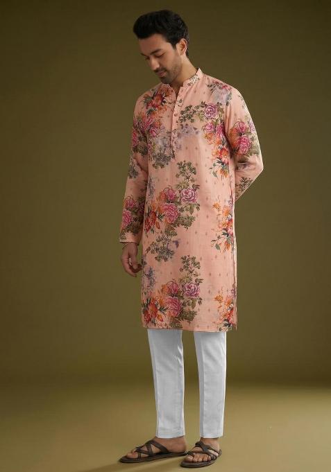 Peach Printed Linen Kurta Set