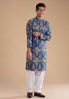 Royal Blue Jacquard Brocade Kurta Set