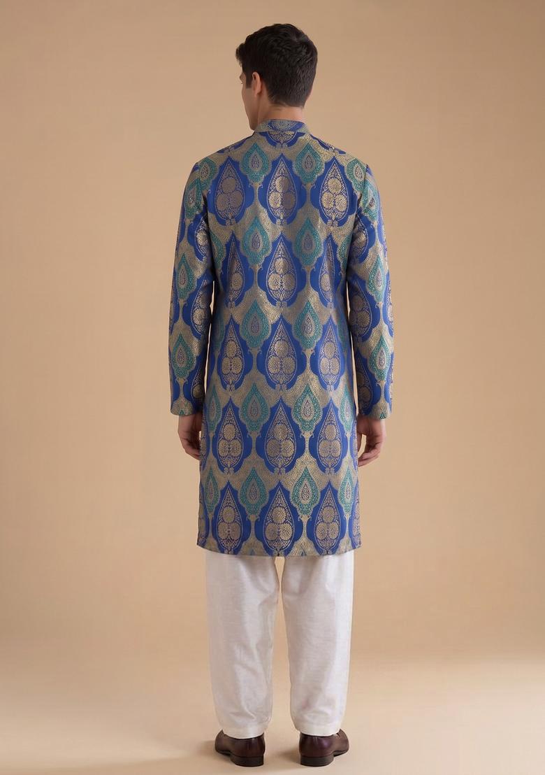 Royal Blue Jacquard Brocade Kurta Set - Indya