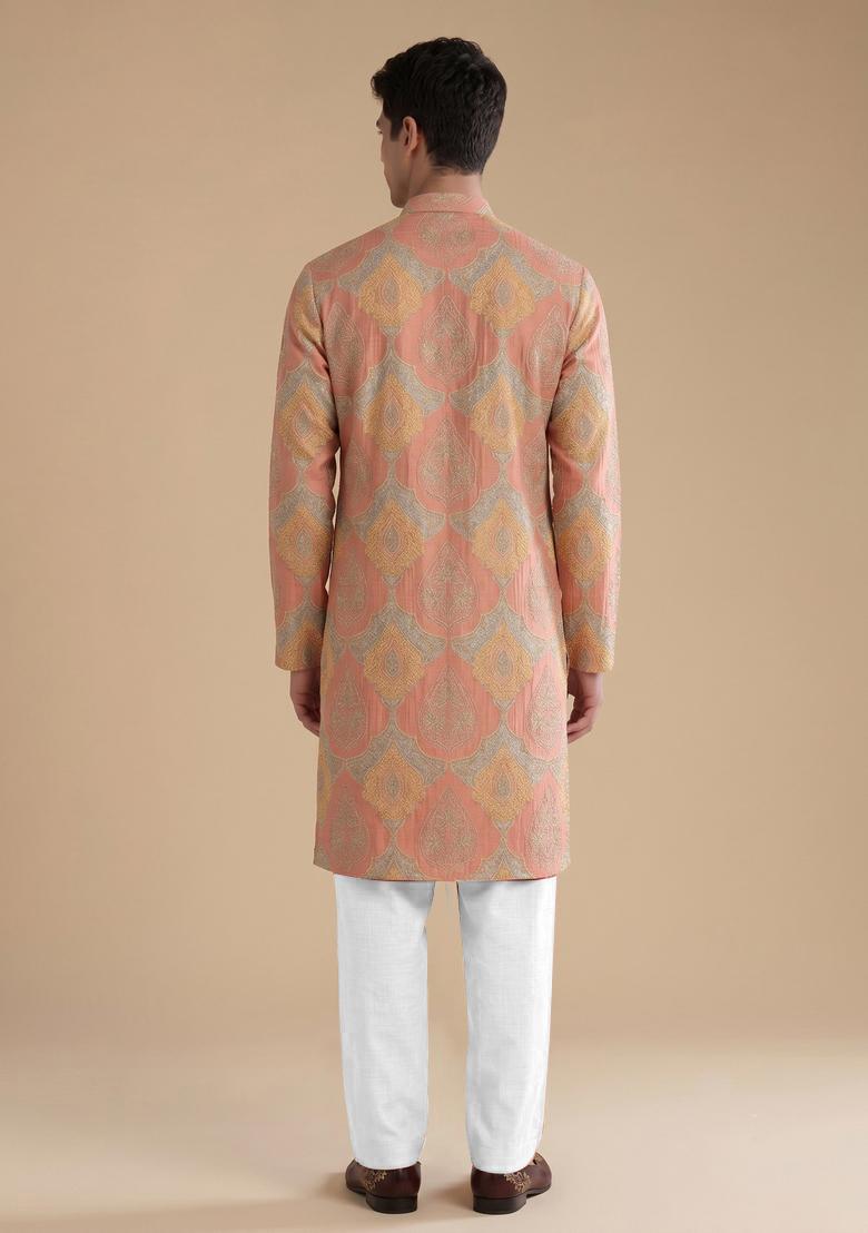 Peach Jacquard Brocade Kurta Set - Indya