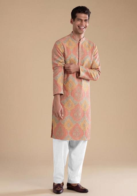 Peach Jacquard Brocade Kurta Set