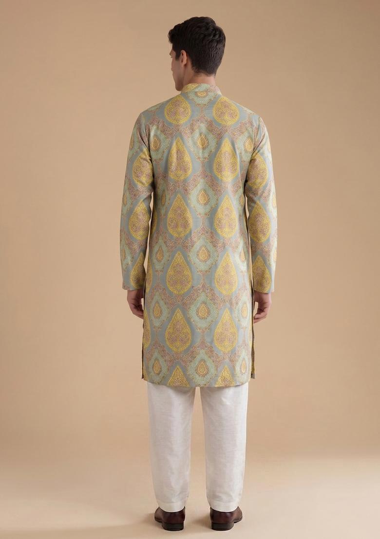 Powder Blue Jacquard Brocade Kurta Set - Indya