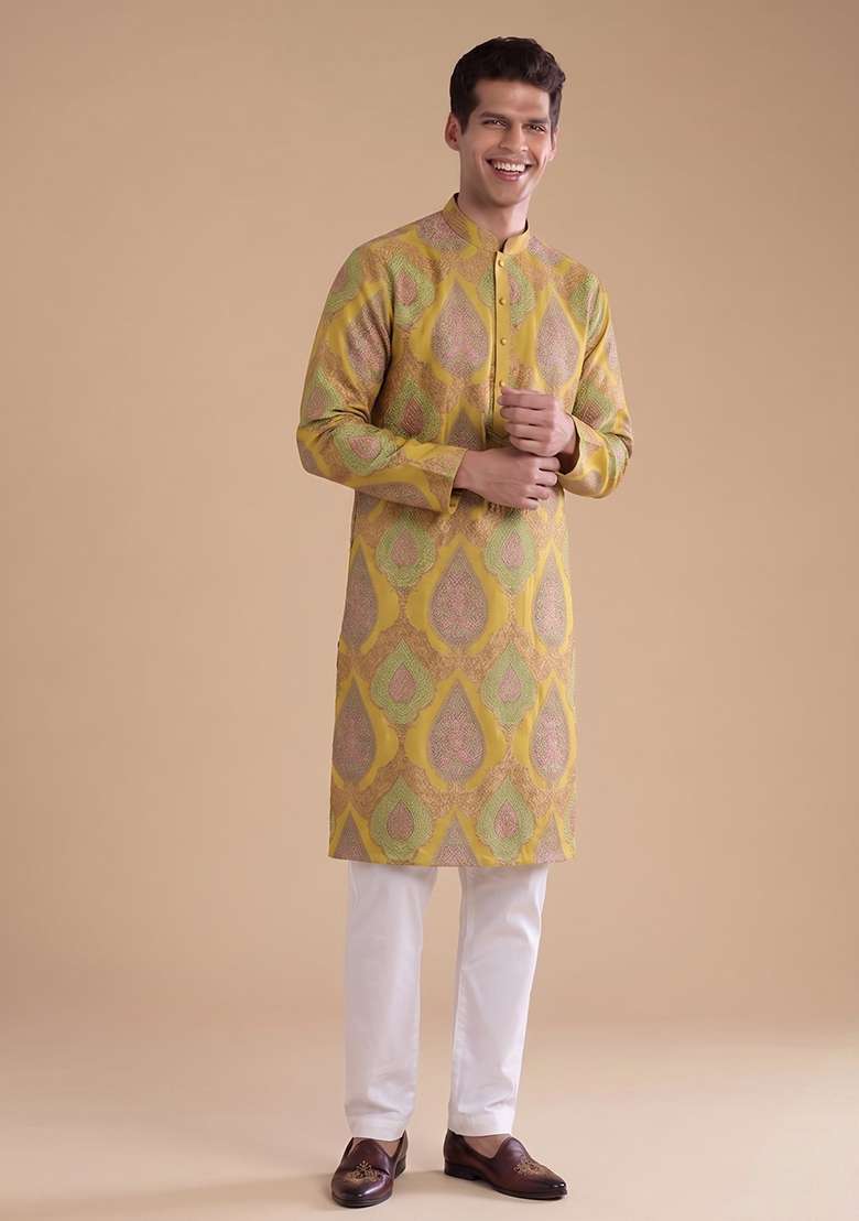 Mustard Jacquard Brocade Kurta Set - Indya