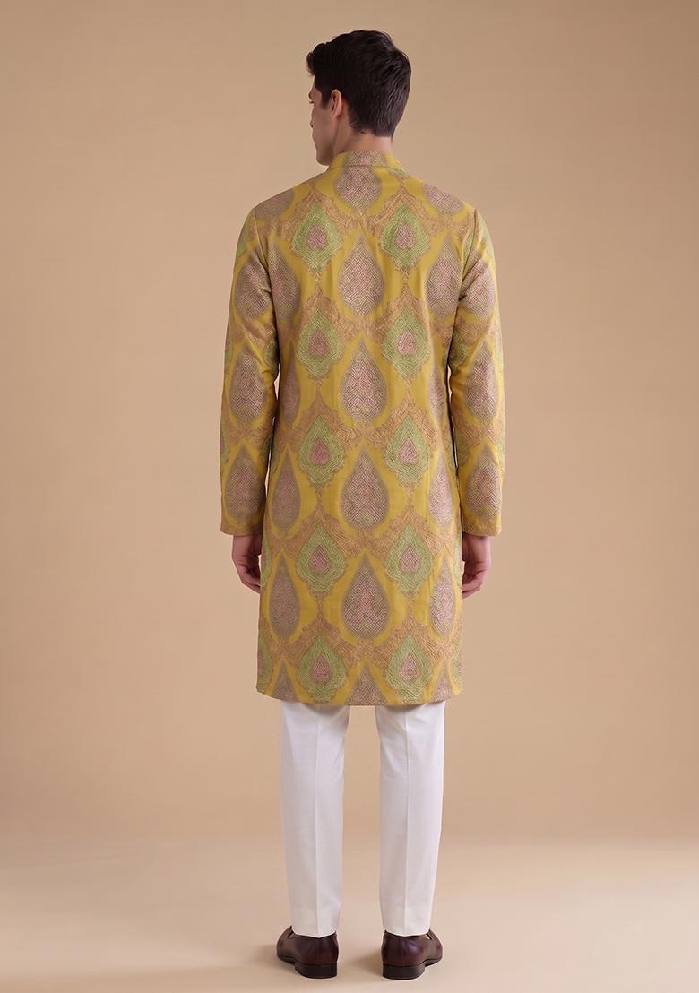 Mustard Jacquard Brocade Kurta Set - Indya