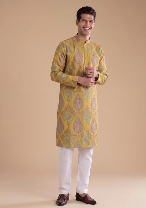 Mustard Jacquard Brocade Kurta Set
