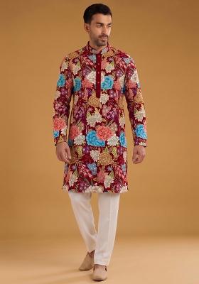 Deep Red Printed Crepe Kurta Set