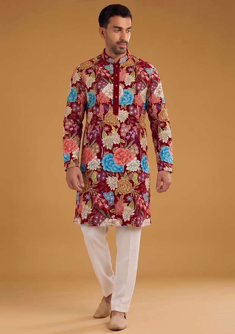 Deep Red Printed Crepe Kurta Set - Indya