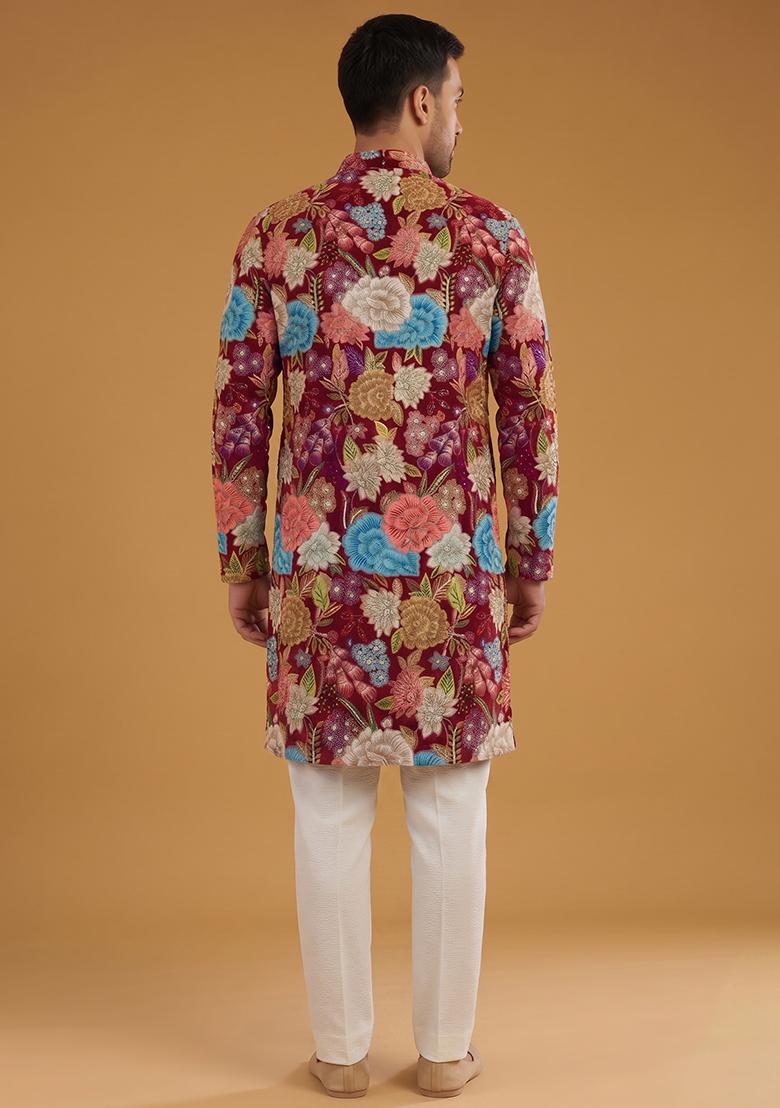 Deep Red Printed Crepe Kurta Set - Indya