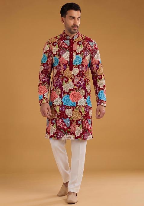 Deep Red Printed Crepe Kurta Set
