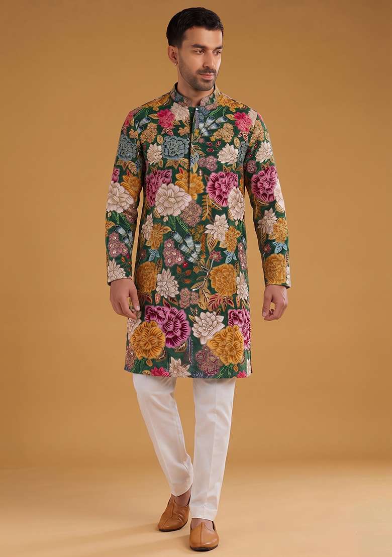 Olive Green Printed Crepe Kurta Set - Indya