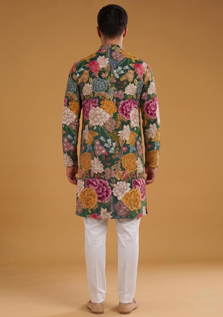 Olive Green Printed Crepe Kurta Set - Indya