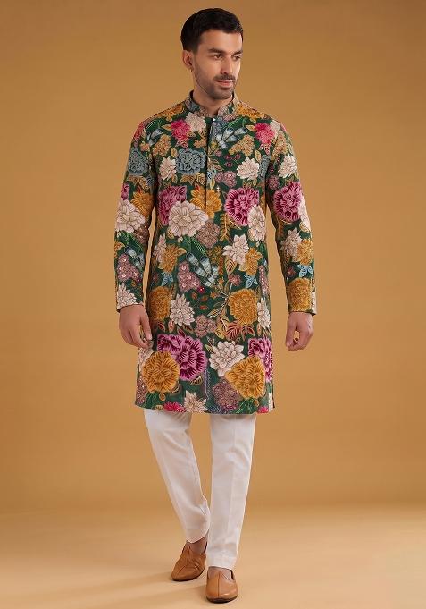 Olive Green Printed Crepe Kurta Set