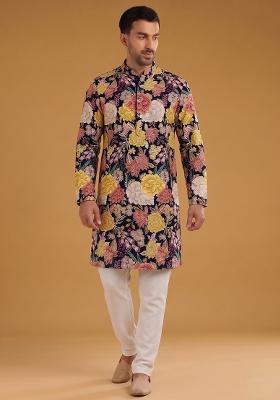 Navy Blue Printed Crepe Kurta Set