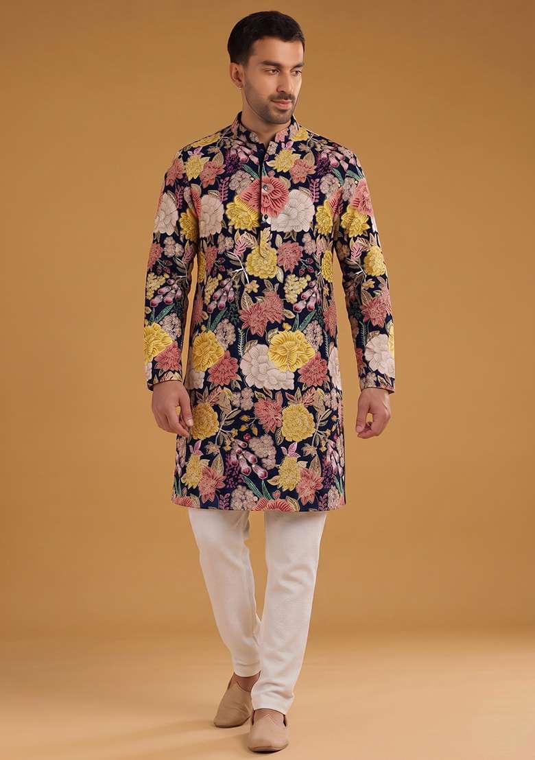 Navy Blue Printed Crepe Kurta Set - Indya