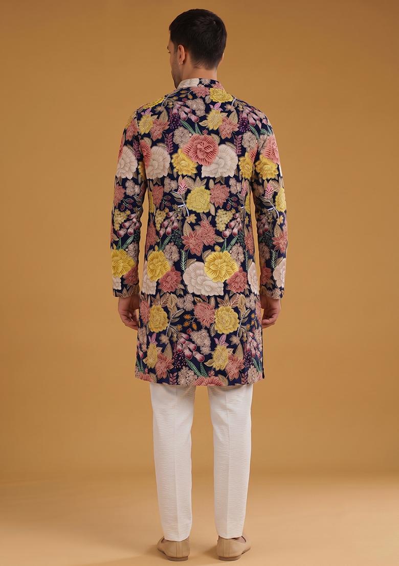 Navy Blue Printed Crepe Kurta Set - Indya