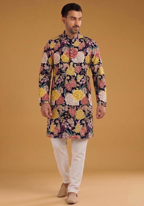 Navy Blue Printed Crepe Kurta Set