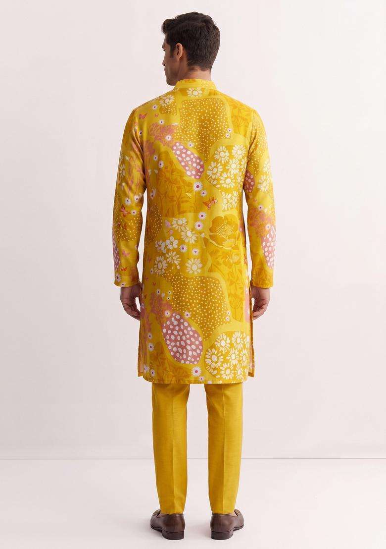 Mustard Printed Satin Kurta Set - Indya