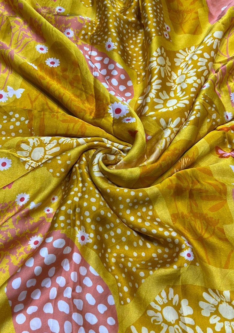 Mustard Printed Satin Kurta Set - Indya