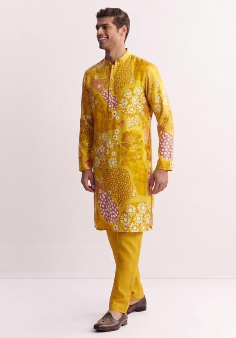 Mustard Printed Satin Kurta Set
