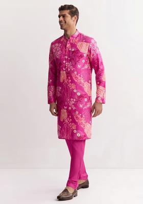 Pink Printed Satin Kurta Set