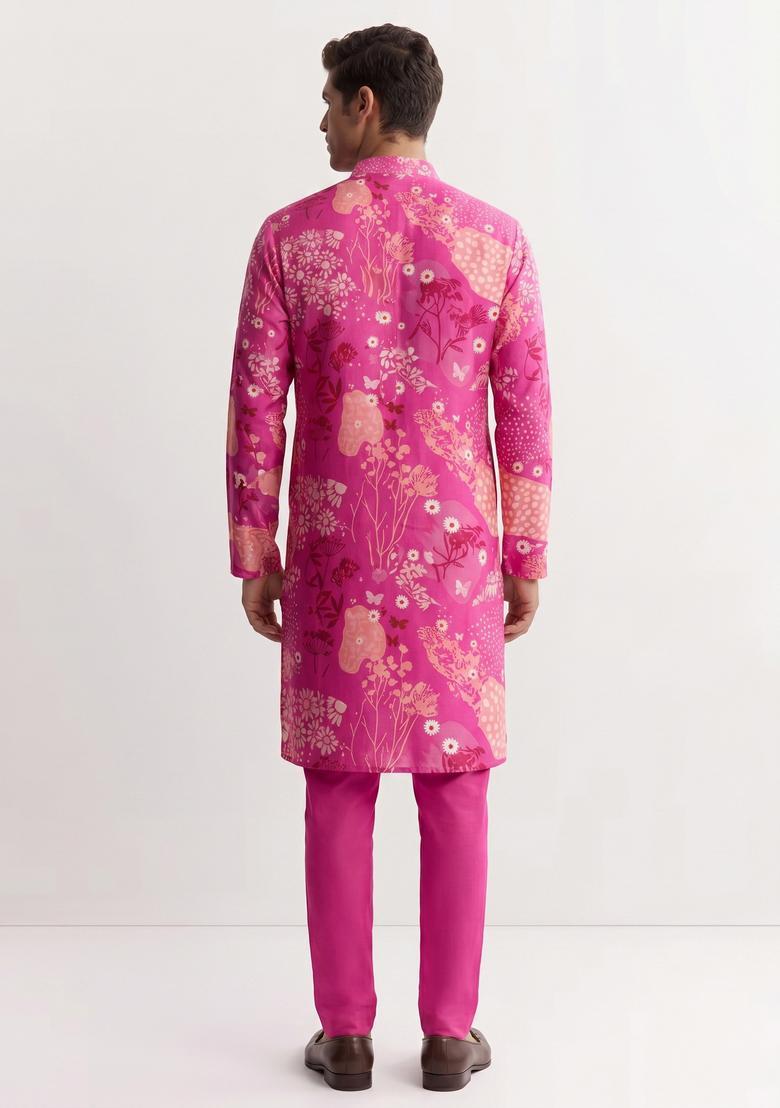 Pink Printed Satin Kurta Set - Indya