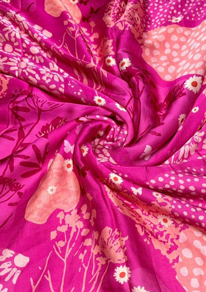 Pink Printed Satin Kurta Set - Indya