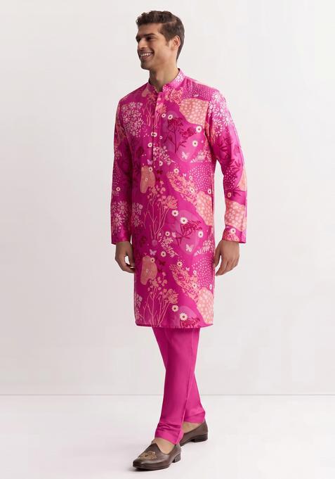 Pink Printed Satin Kurta Set
