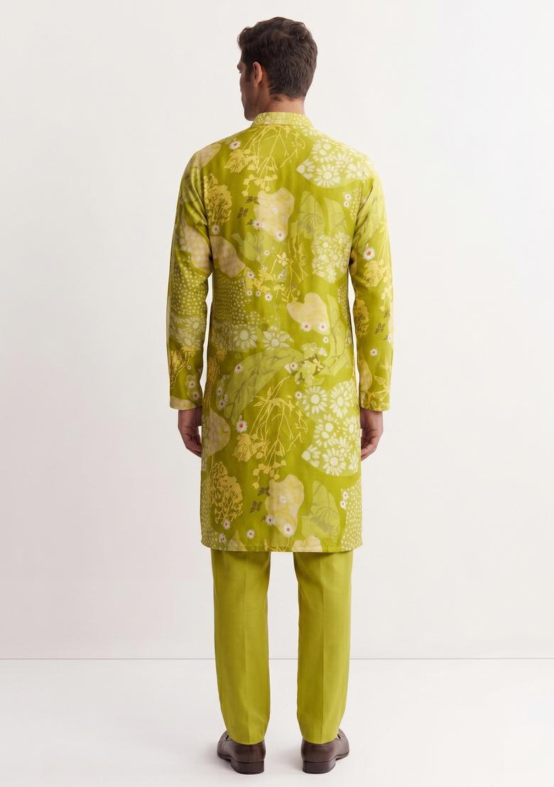 Lime Green Printed Satin Kurta Set - Indya