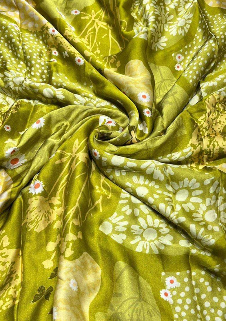 Lime Green Printed Satin Kurta Set - Indya