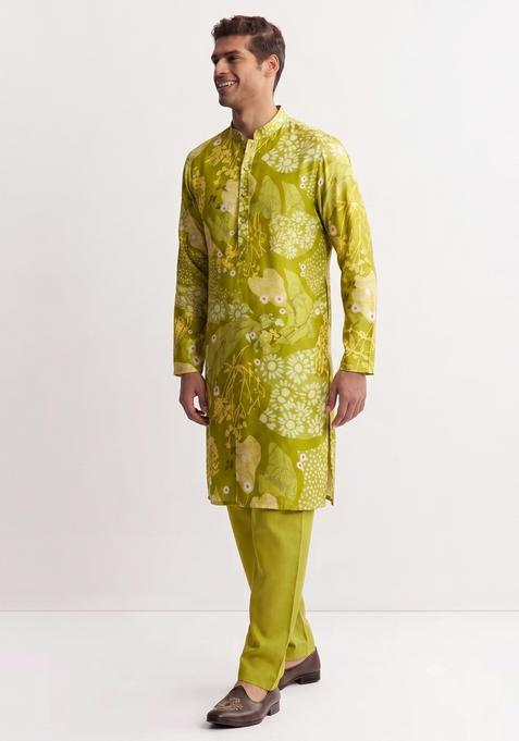 Lime Green Printed Satin Kurta Set