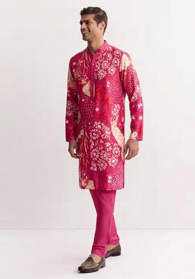 Magenta Printed Satin Kurta Set