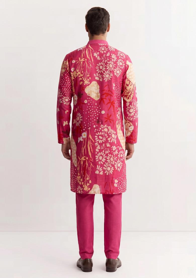 Magenta Printed Satin Kurta Set - Indya