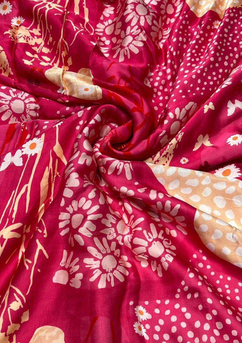 Magenta Printed Satin Kurta Set - Indya
