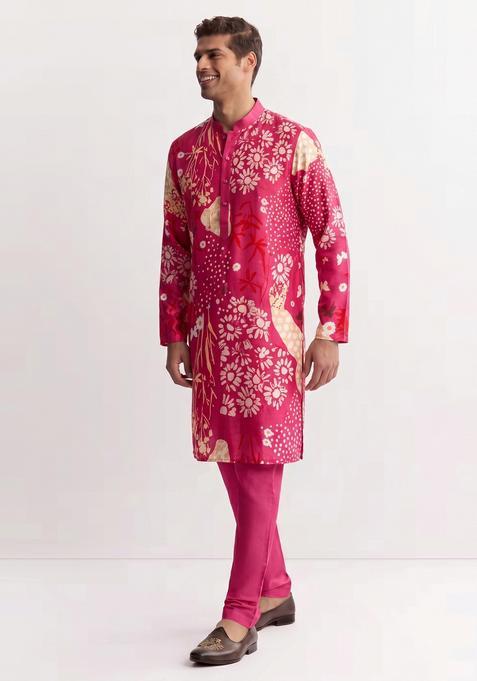 Magenta Printed Satin Kurta Set