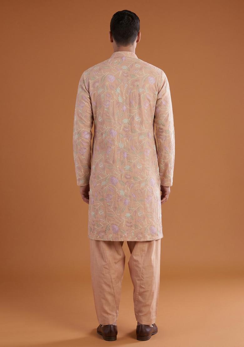 Peach Sequin Chanderi Kurta Set - Indya
